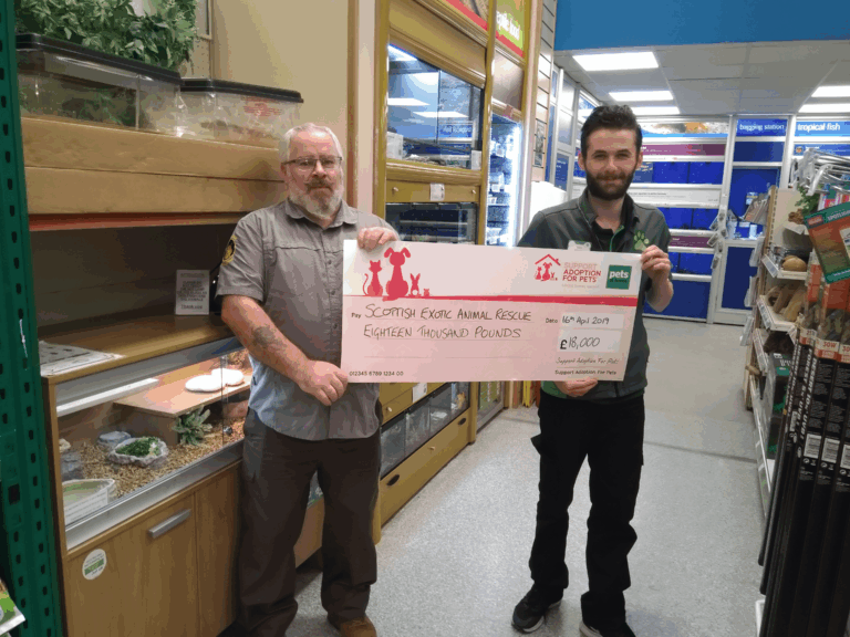 Inverness Pets at Home presenting Scottish Exotic Animal Rescue with £18,000