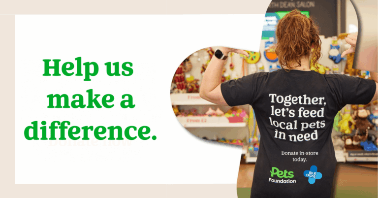 Person wearing a black shirt with text, "Together, let's feed local pets in need. Donate in-store." Standing in a Pets at Home store filled with toys. Text next to image, "Help us make a difference."