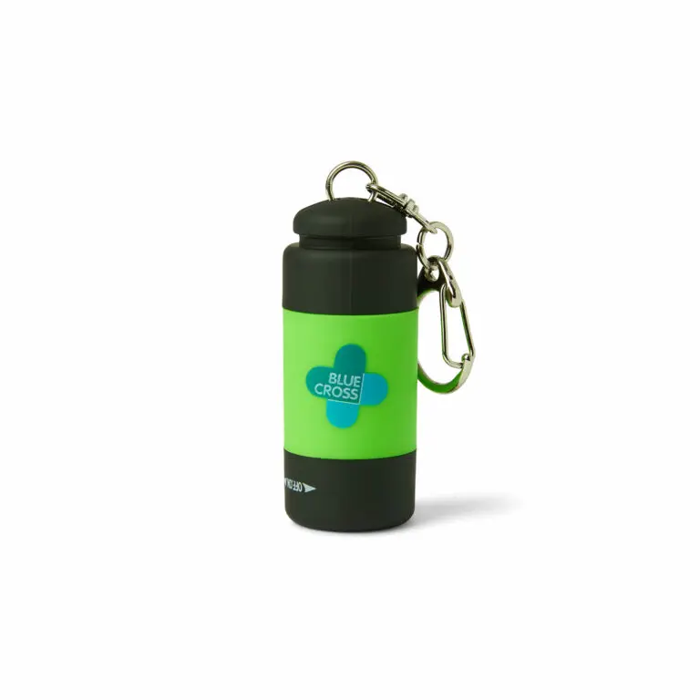 Blue Cross Keyring Torch with a cylindrical design