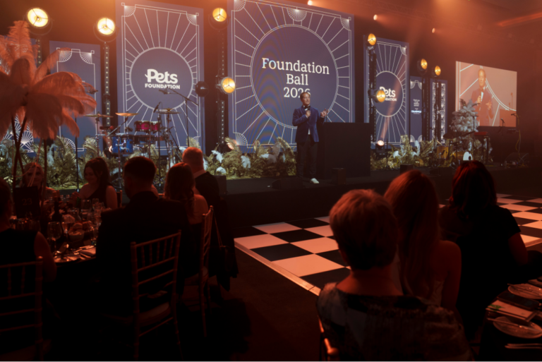An indoor gala event with a stage lit by warm spotlights and string lights, banners reading Pets Foundation and “Foundation Ball 2026,” a speaker at the centre, and guests seated at tables in the foreground.