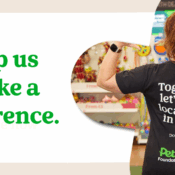 Person wearing a black shirt with text, "Together, let's feed local pets in need. Donate in-store." Standing in a Pets at Home store filled with toys. Text next to image, "Help us make a difference."