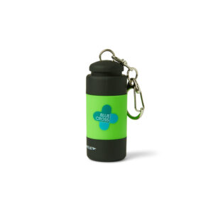 Blue Cross Keyring Torch with a cylindrical design, featuring a black top and bottom, a green middle section with the Blue Cross logo, and a metal keyring clip attached to the top