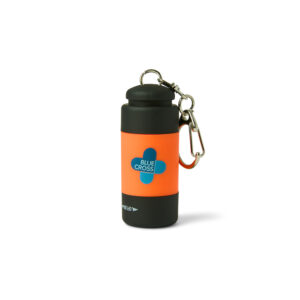 Blue Cross Keyring Torch with a cylindrical design, featuring a black top and bottom, an orange middle section with the Blue Cross logo, and a metal keyring clip attached to the top